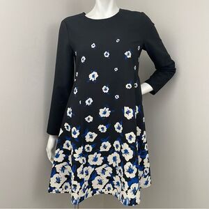 CECE Black Blue White Floral 3/4 Length Sleeve Dress